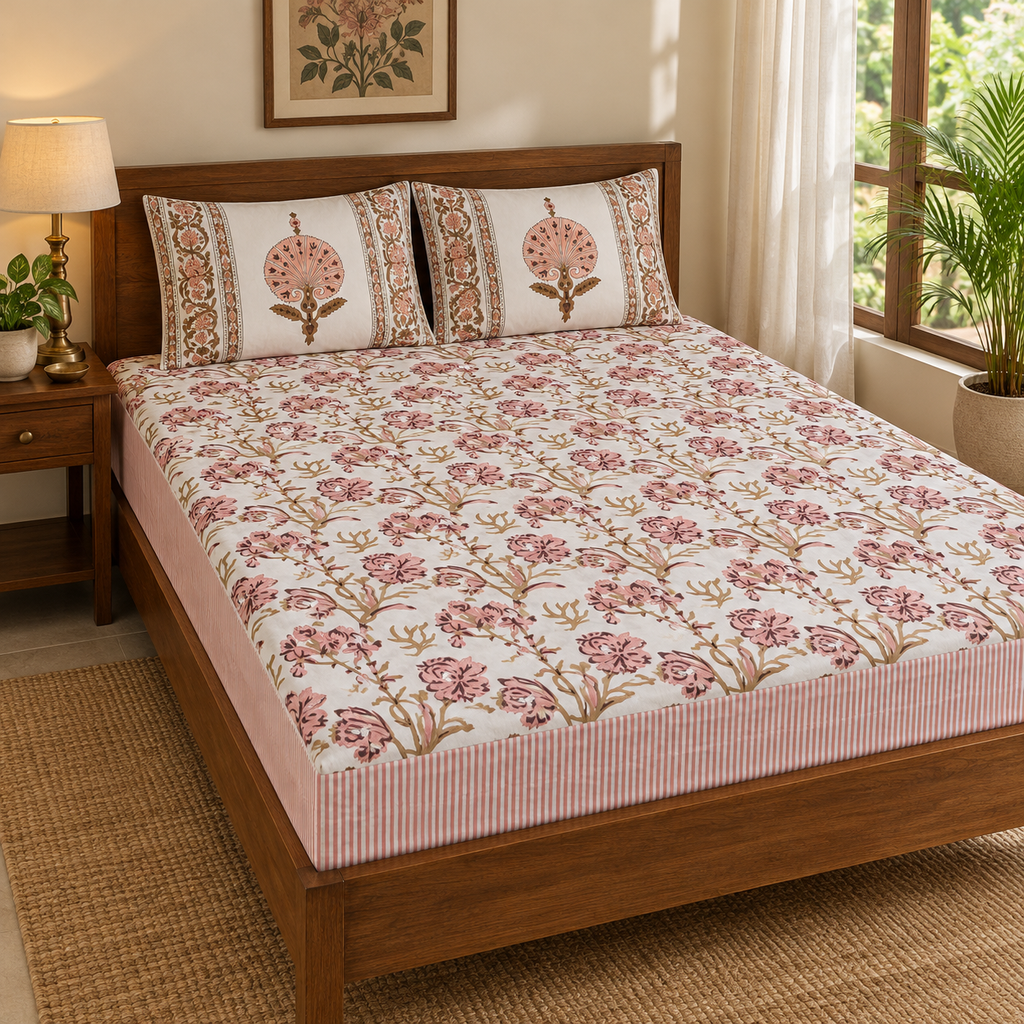 Pink Floral Vine Bedsheet Set, on a made double bed in a bright bedroom