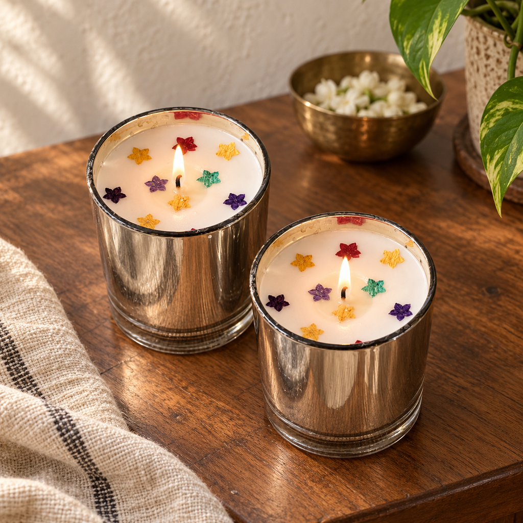 Silver Glass Rose-Scented Soy Wax Candles, Set of 2, on a teak console in daylight