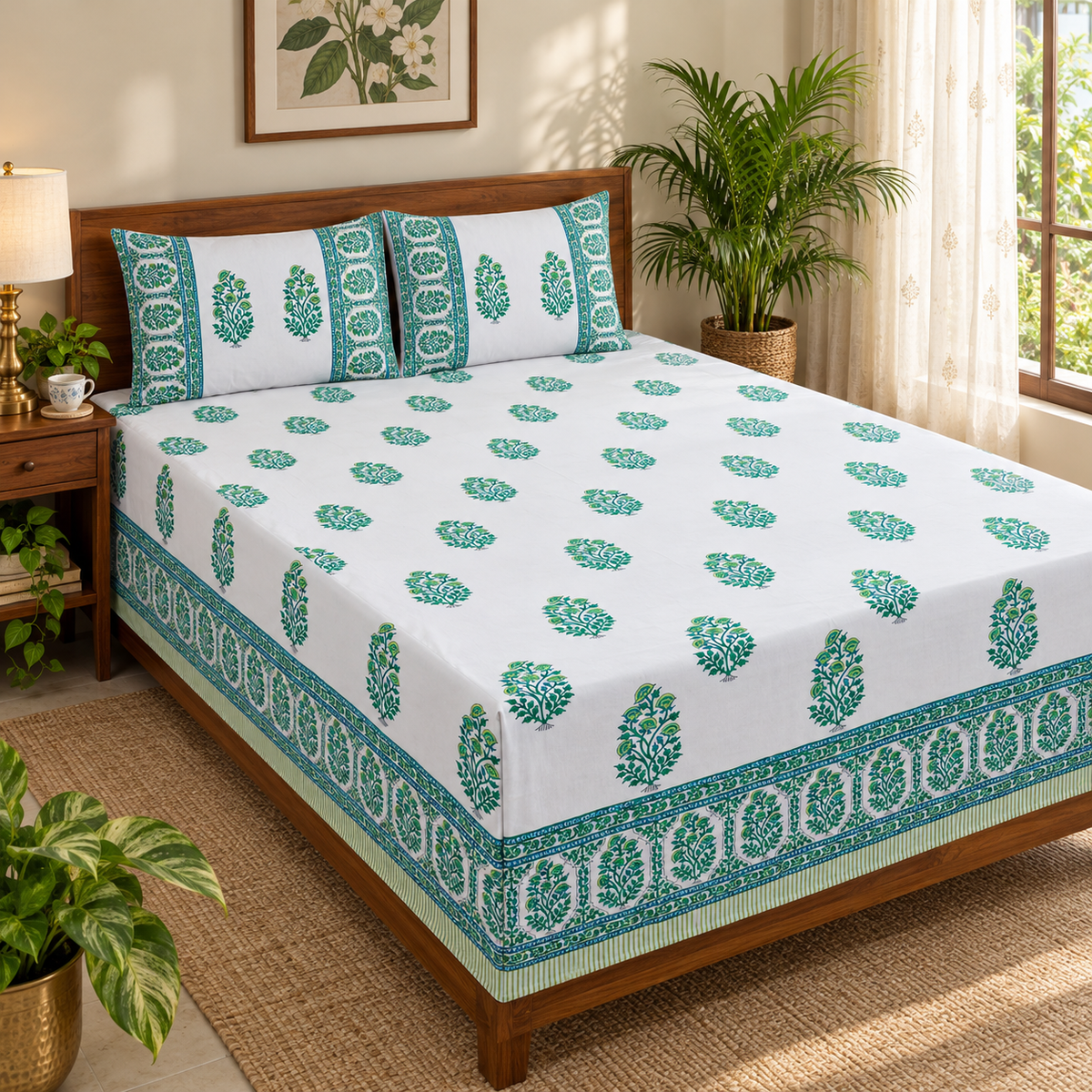 Emerald Green Floral Bedsheet Set, on a made double bed in a bright bedroom