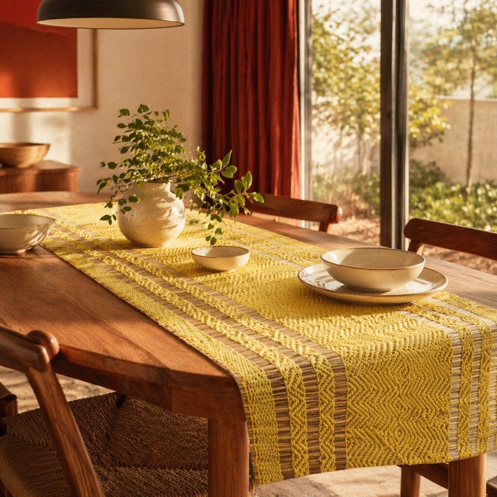 Madur Lemon Handwoven Grass Table Runner, The Gathered Table. Handmade in India by House of Taraasha.
