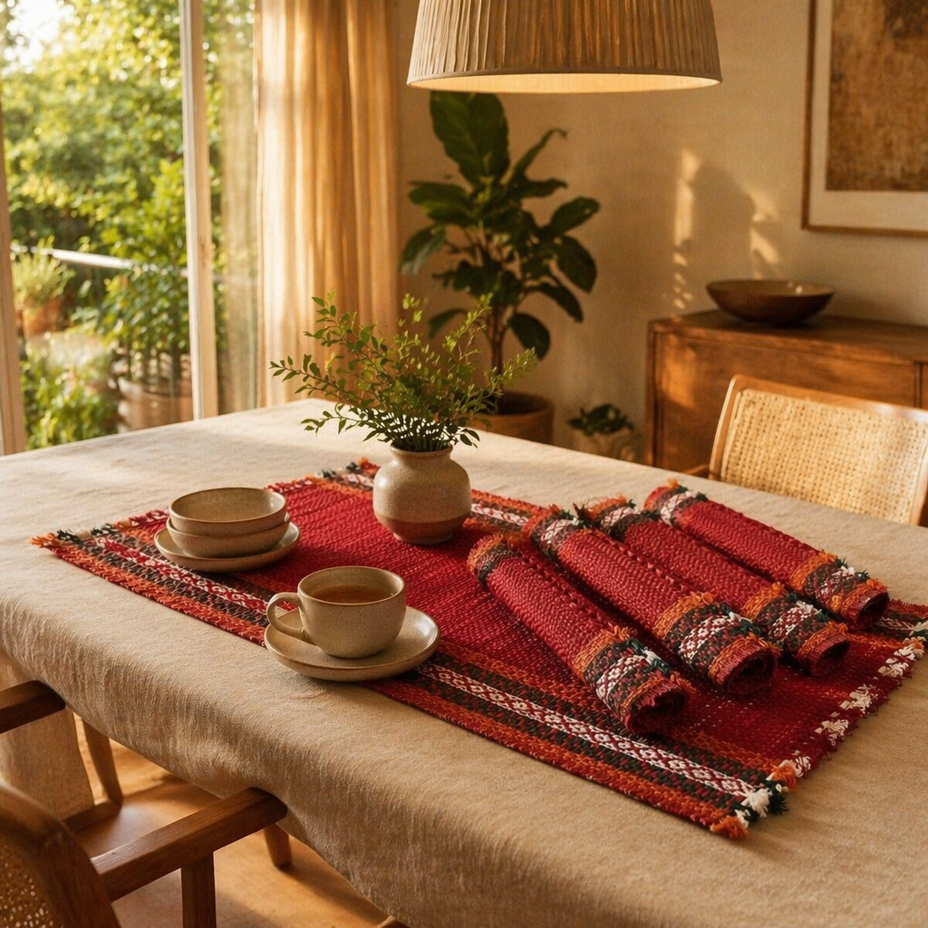 Ruby Red Handwoven Grass Table Mat, The Gathered Table. Handmade in India by House of Taraasha.