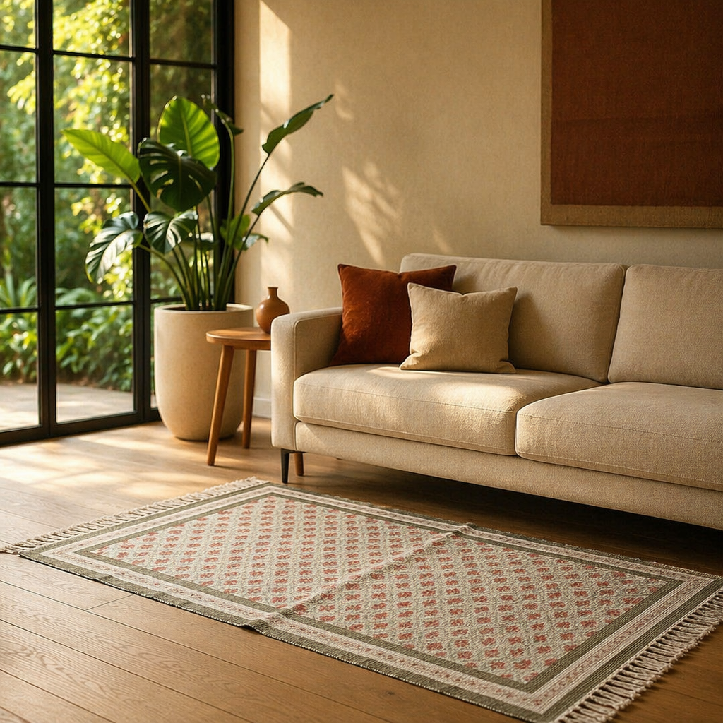 Green and Dusty Pink Royal Courtyards Floral Rug, The Woven Floor. Handmade in India by House of Taraasha.