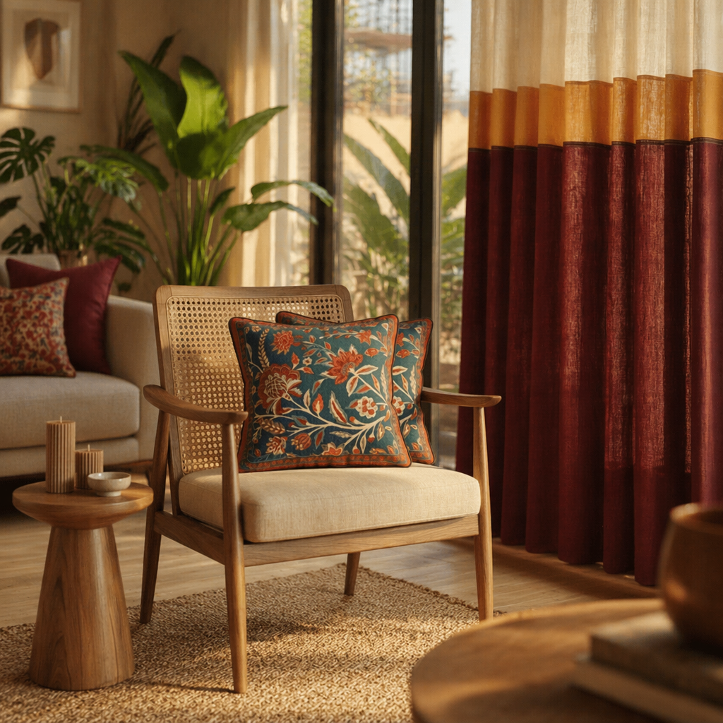Reversible Navy Cotton Curtain and Cushion Room Set, The Draped Window. Handmade in India by House of Taraasha.