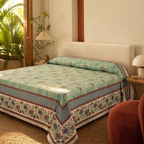 Chintz Aqua, Navy and Peach Bed Cover, The Linen Room. Handmade in India by House of Taraasha.