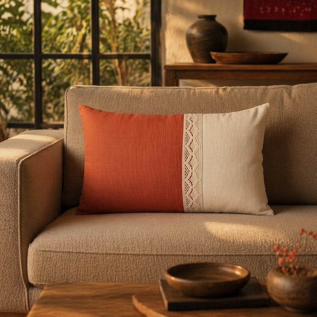 Rust and Off-White Crochet Bolster Cushion Cover, The Living Room. Handmade in India by House of Taraasha.