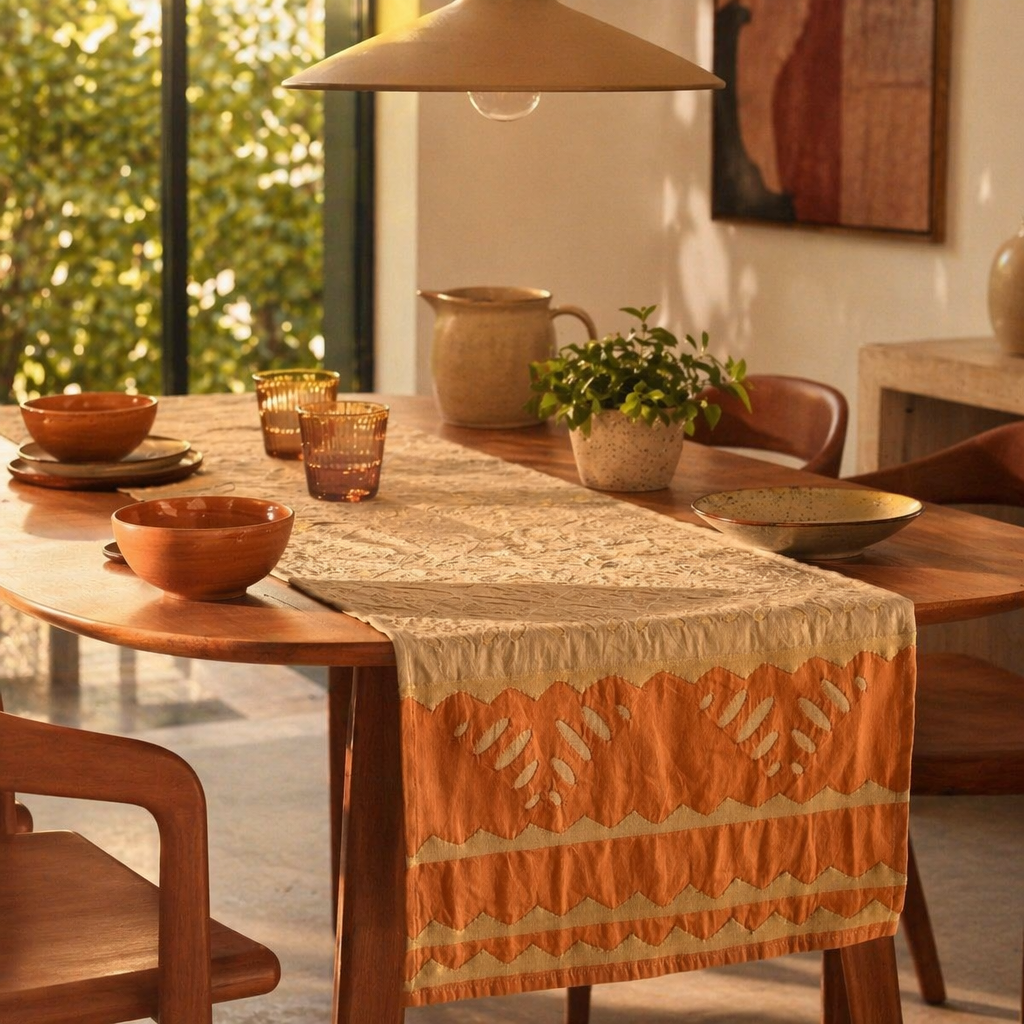 Applique Cutwork Runner Taupe and Rust, The Gathered Table. Handmade in India by House of Taraasha.