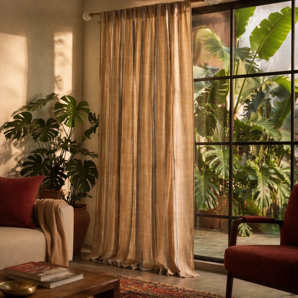 Handwoven Stripe Beige and Blue Cotton Curtain, The Draped Window. Handmade in India by House of Taraasha.