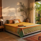 Marigold Citrine Yellow and Green Woven Bed Cover, The Linen Room. Handmade in India by House of Taraasha.
