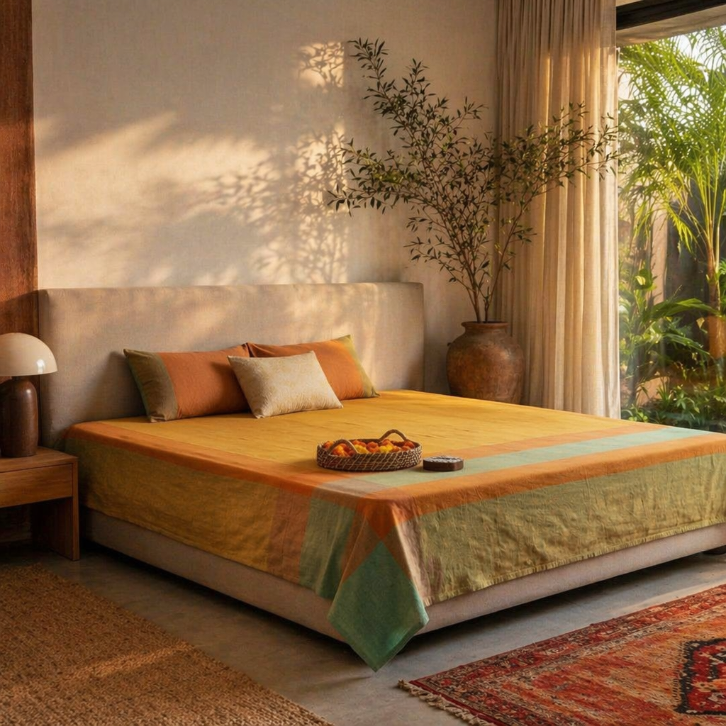 Marigold Citrine Yellow and Green Woven Bed Cover, The Linen Room. Handmade in India by House of Taraasha.