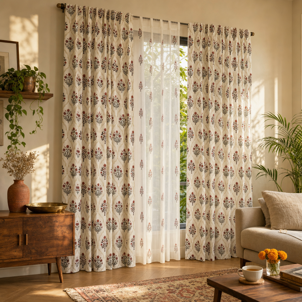 Royal Courtyards Rust & Maroon Printed-Sheer Set of Three in a modern home