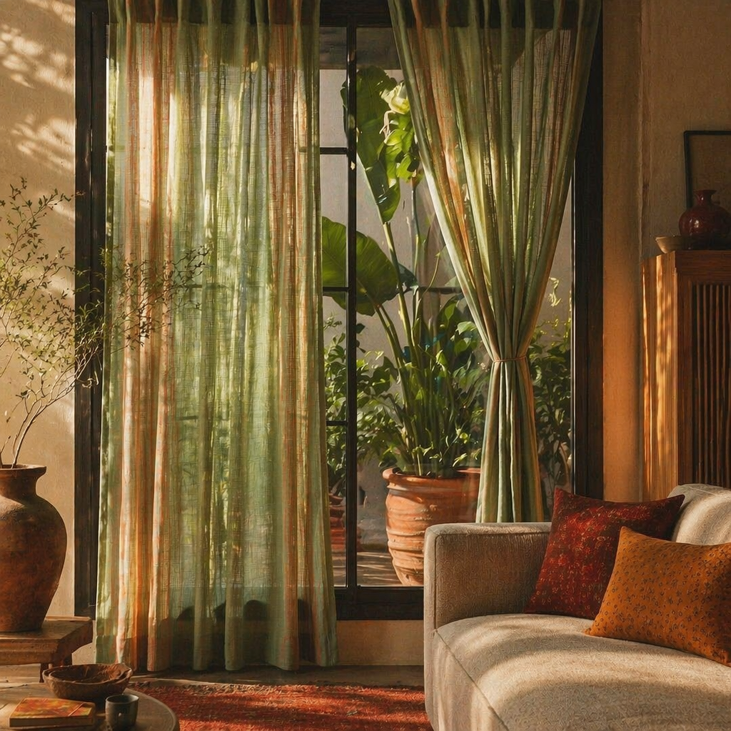 Handwoven Solid Sage and Teal Cotton Door Curtain, The Draped Window. Handmade in India by House of Taraasha.