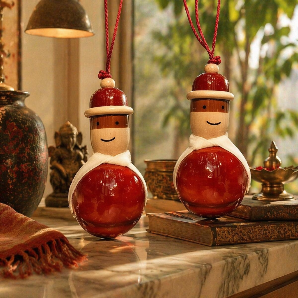 Channapatna Lacquered Wooden Dolls Natural Dyes Pair, Still Light. Handmade in India by House of Taraasha.