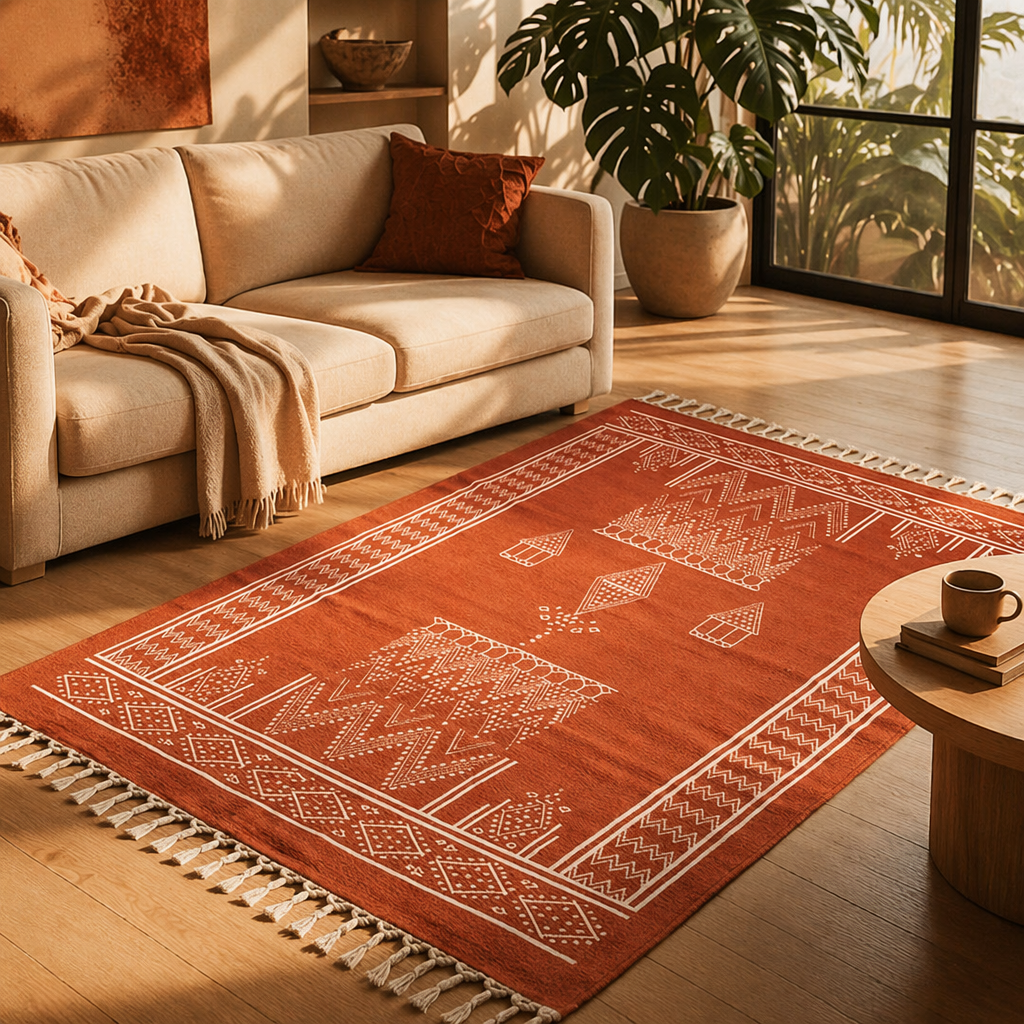 Mandana Diamond Hand-Printed Rust Cotton Rug, The Woven Floor. Handmade in India by House of Taraasha.