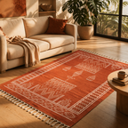 Mandana Diamond Hand-Printed Rust Cotton Rug, The Woven Floor. Handmade in India by House of Taraasha.