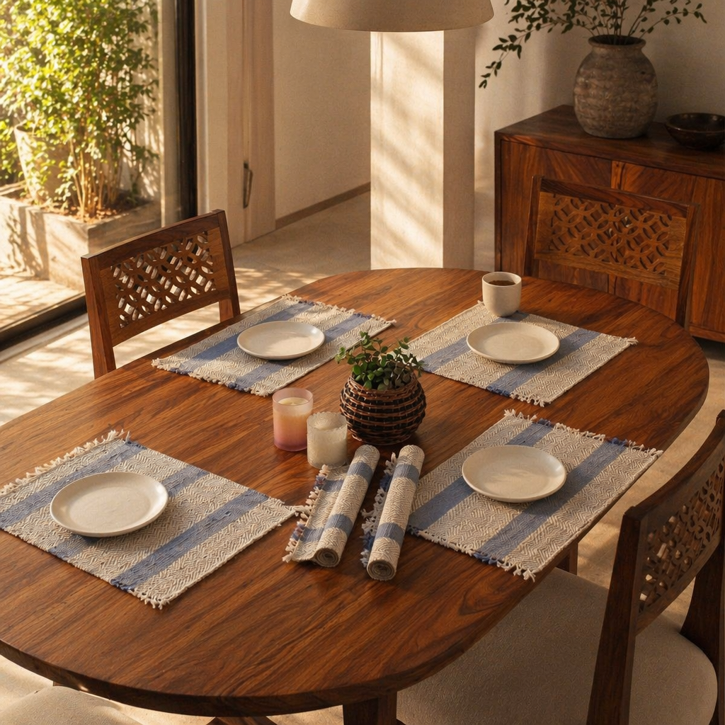 Madur Blue Handwoven Grass Table Mats, The Gathered Table. Handmade in India by House of Taraasha.