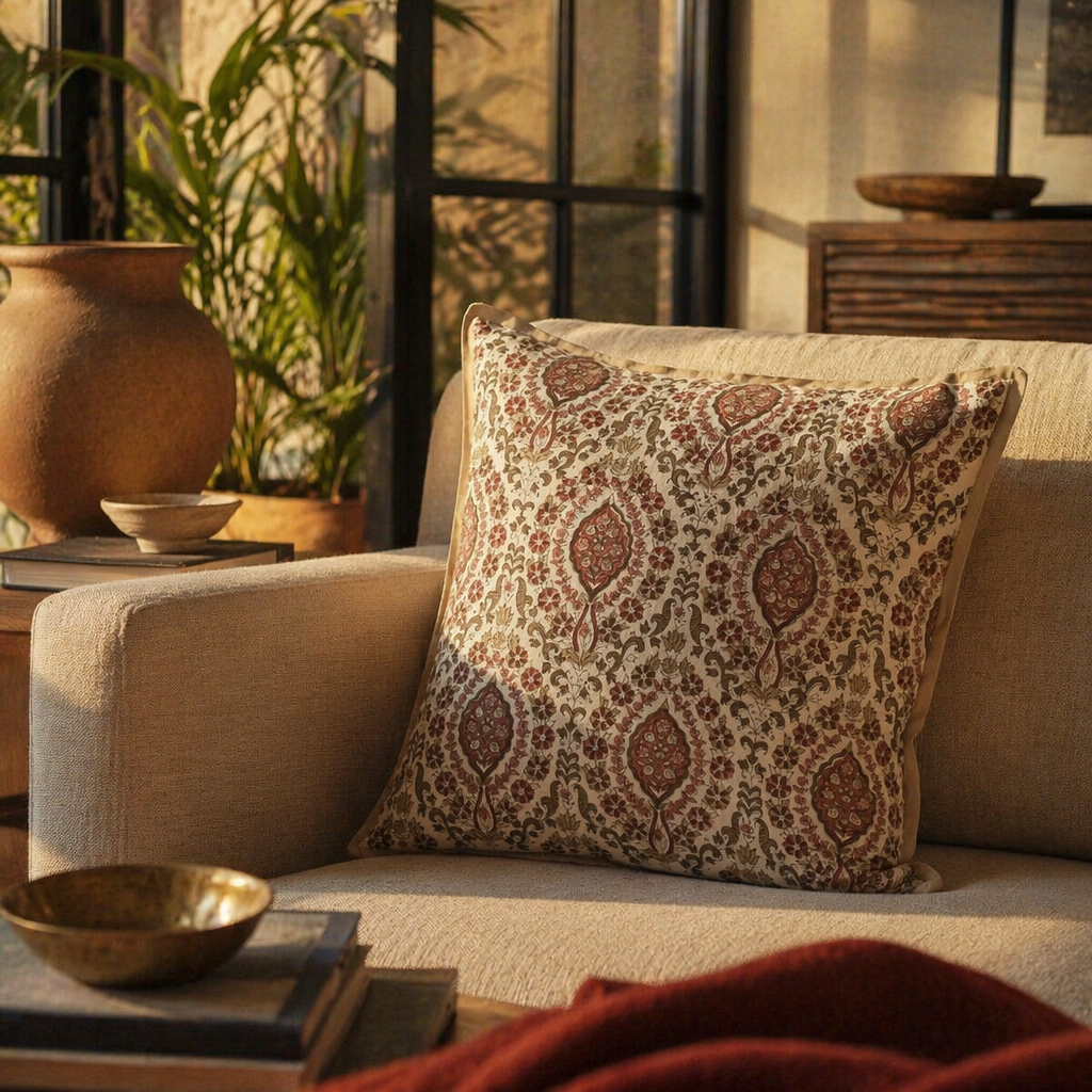 Ivory and Rust Vintage Pattern Block-Printed Cushion Cover, The Living Room. Handmade in India by House of Taraasha.