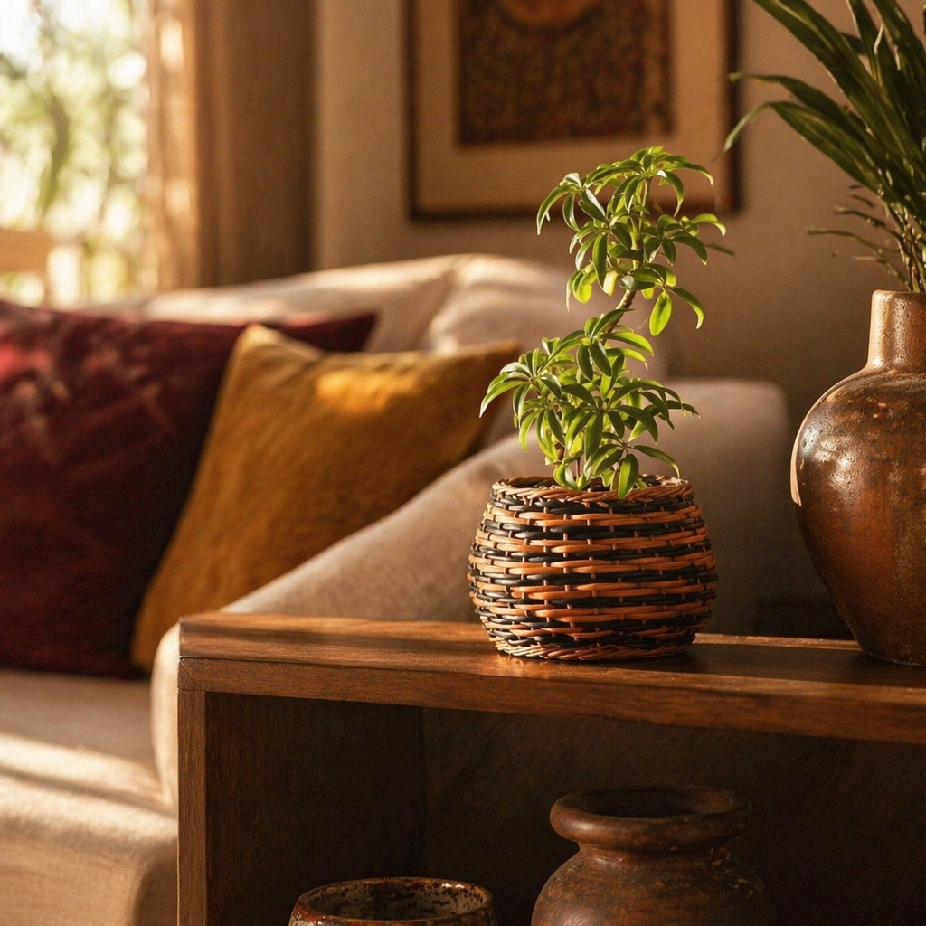 Indigo and Brown Kashmiri Willow Wicker Planter Trio, The Art Wall. Handmade in India by House of Taraasha.