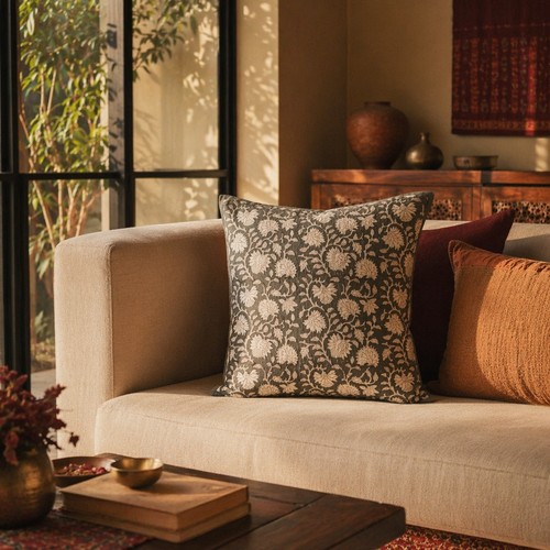 Charcoal and Off White Hand Block-Printed Floral Cushion Cover. Handmade in India by House of Taraasha.