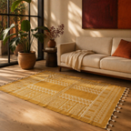 Mandana Mustard Hand-Printed Tribal Pattern Cotton Rug, The Woven Floor. Handmade in India by House of Taraasha.