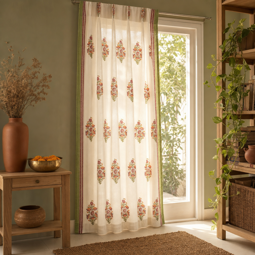 Floral Block-Print Sheer Pure Cotton Window Curtain in a modern home