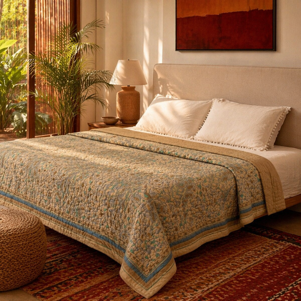 Ivory Taupe & Powder Blue Chintz-Inspired Quilt, The Linen Room. Handmade in India by House of Taraasha.