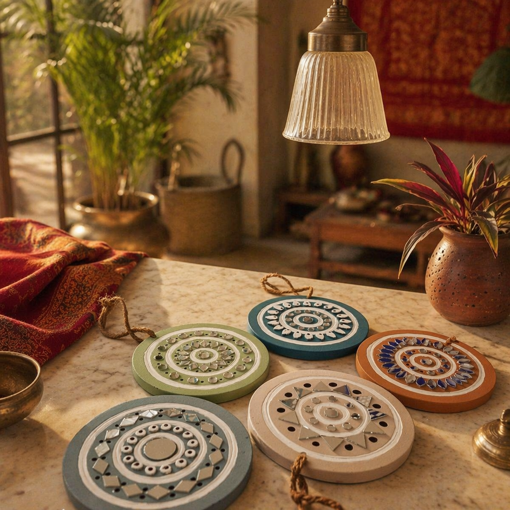 Lippan Mud Art Hanging Ornaments Pastel Set of Five, Still Light. Handmade in India by House of Taraasha.