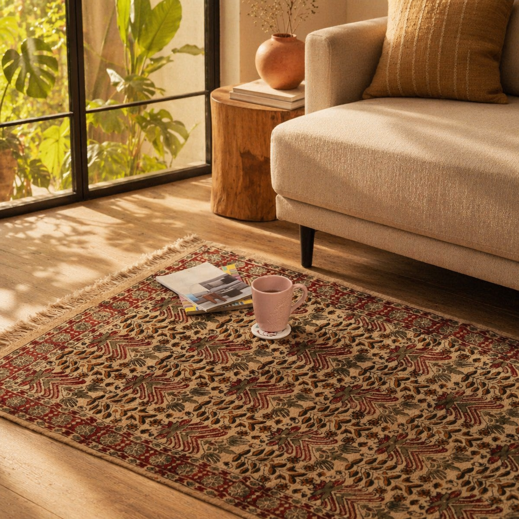 Kalamkari Floral Handwoven Block-Printed Cotton Rug, The Woven Floor. Handmade in India by House of Taraasha.
