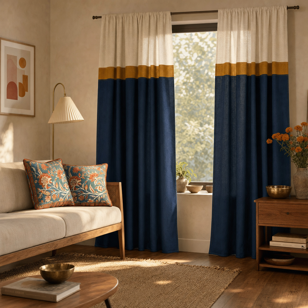 Reversible Navy Cotton Curtain and Cushion Room Set in a modern home