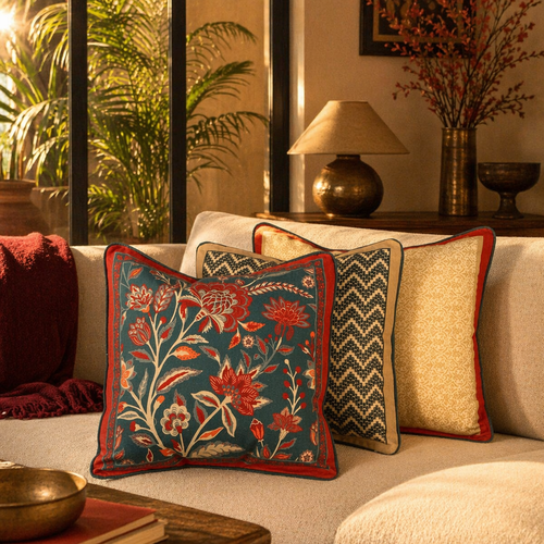 Chintz Trio Hand Block-Printed Cotton Cushion Set, The Living Room. Handmade in India by House of Taraasha.
