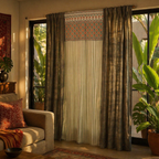 Royal Courtyards Green & Dusty Pink Woven-Printed Set of Three, The Draped Window. Handmade in India by House of Taraasha.