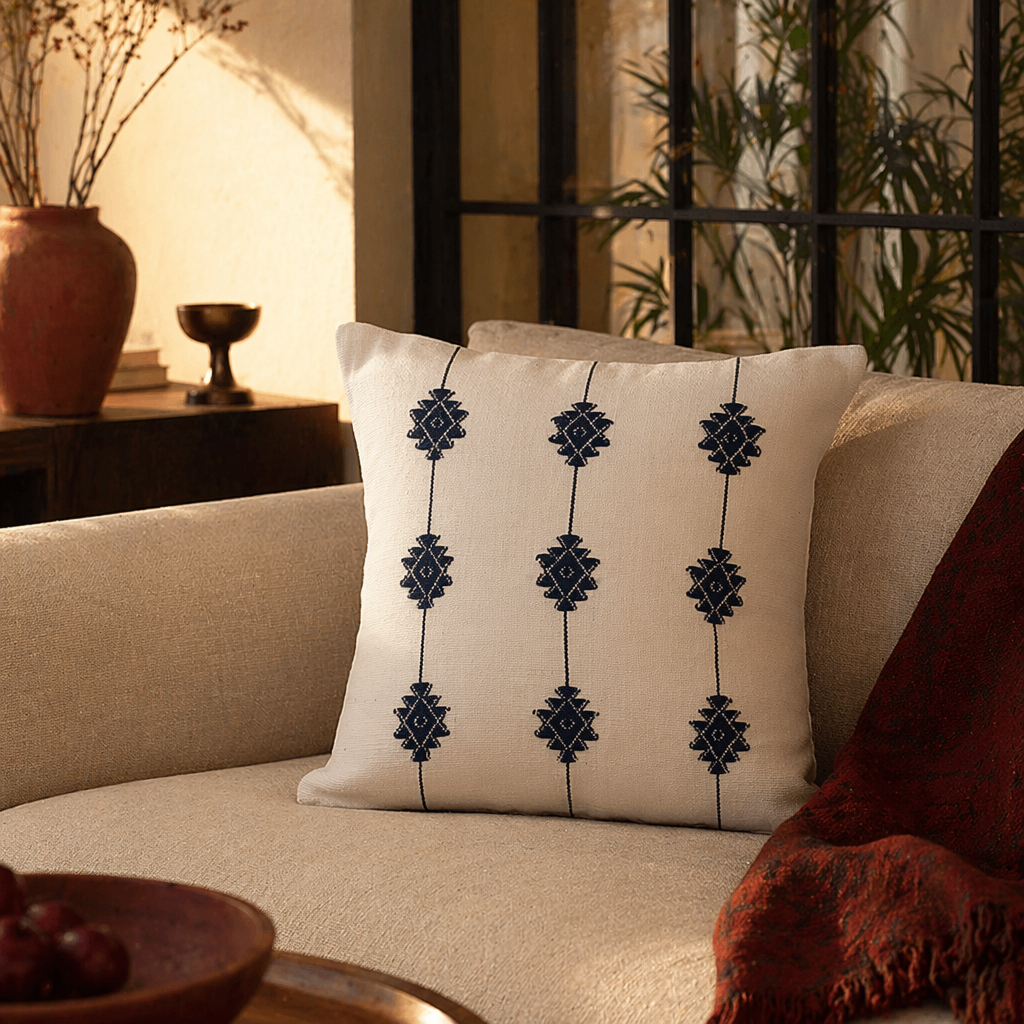 Naga Indigo Bloom Backstrap-Loom Floral Cushion Cover, The Living Room. Handmade in India by House of Taraasha.