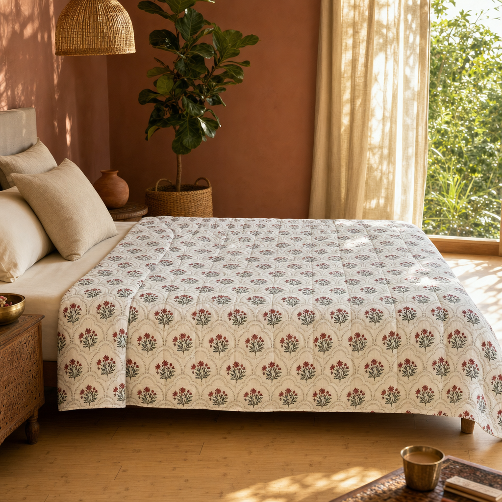 Ornate Florals Rust and Maroon Reversible Quilt in a modern home