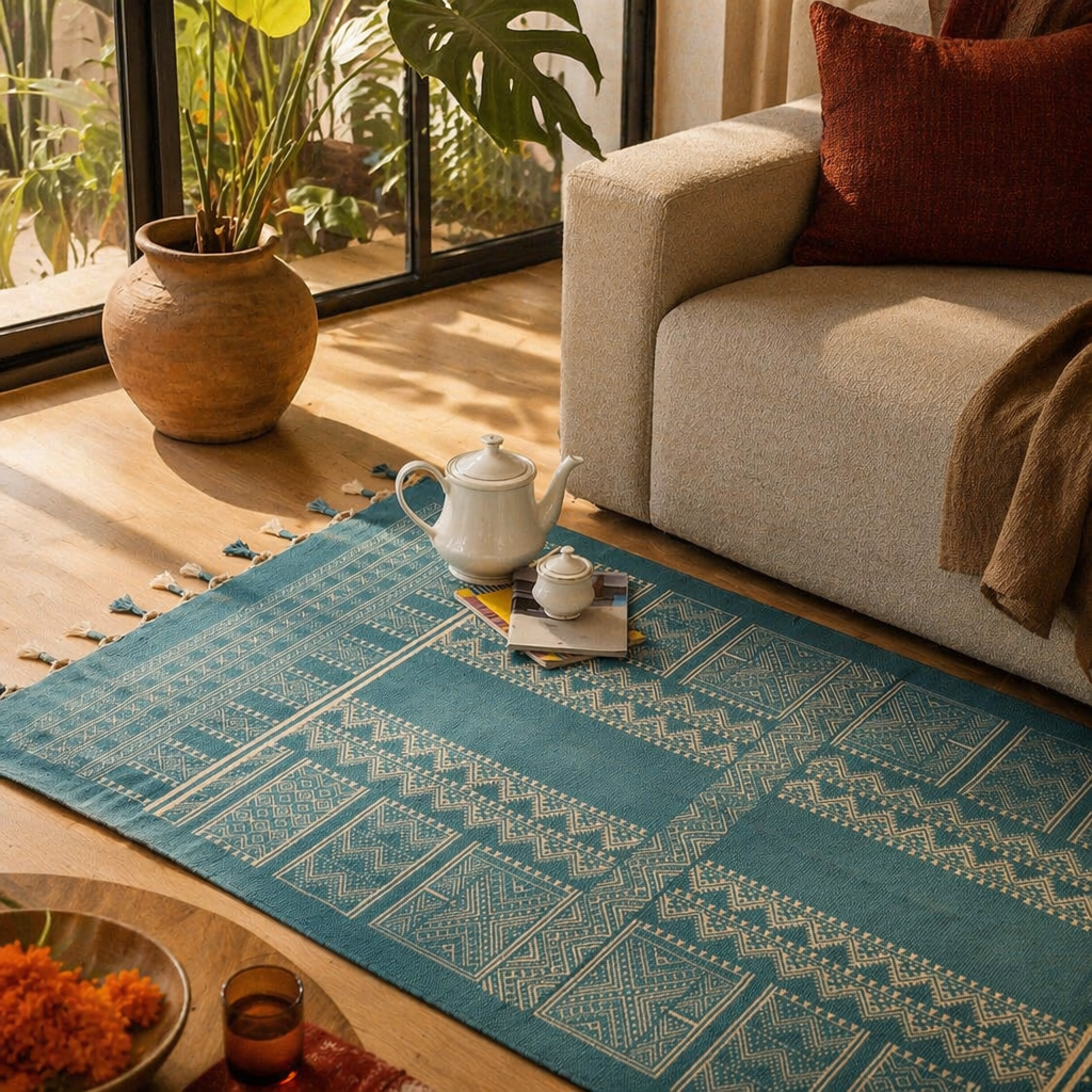 Mandana Teal Hand-Printed Tribal Pattern Cotton Rug, The Woven Floor. Handmade in India by House of Taraasha.