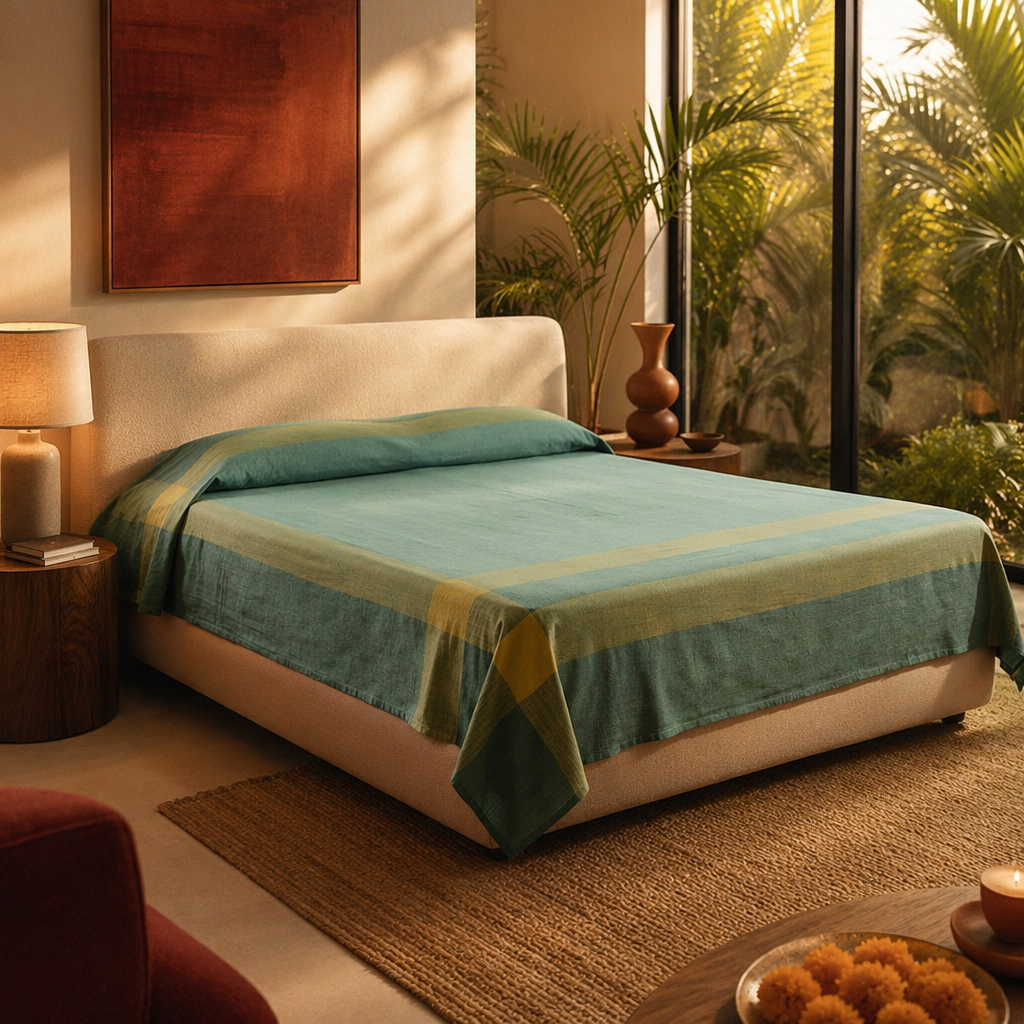 Marigold Teal Handwoven Cotton Bed Cover, The Linen Room. Handmade in India by House of Taraasha.