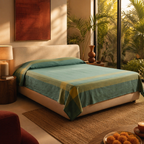 Marigold Teal Handwoven Cotton Bed Cover, The Linen Room. Handmade in India by House of Taraasha.