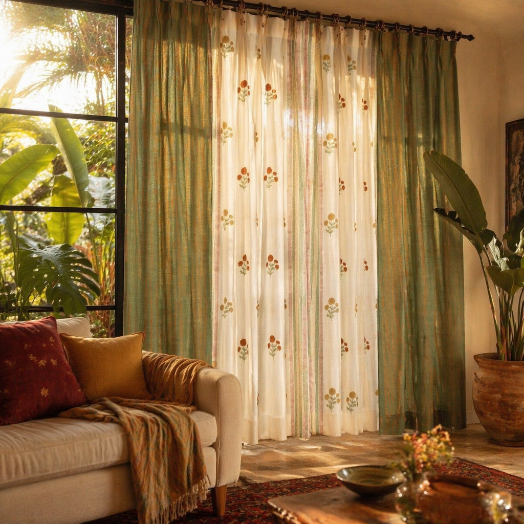 Handwoven & Block-Printed Set Sage, Rust, Mustard and Teal, The Draped Window. Handmade in India by House of Taraasha.