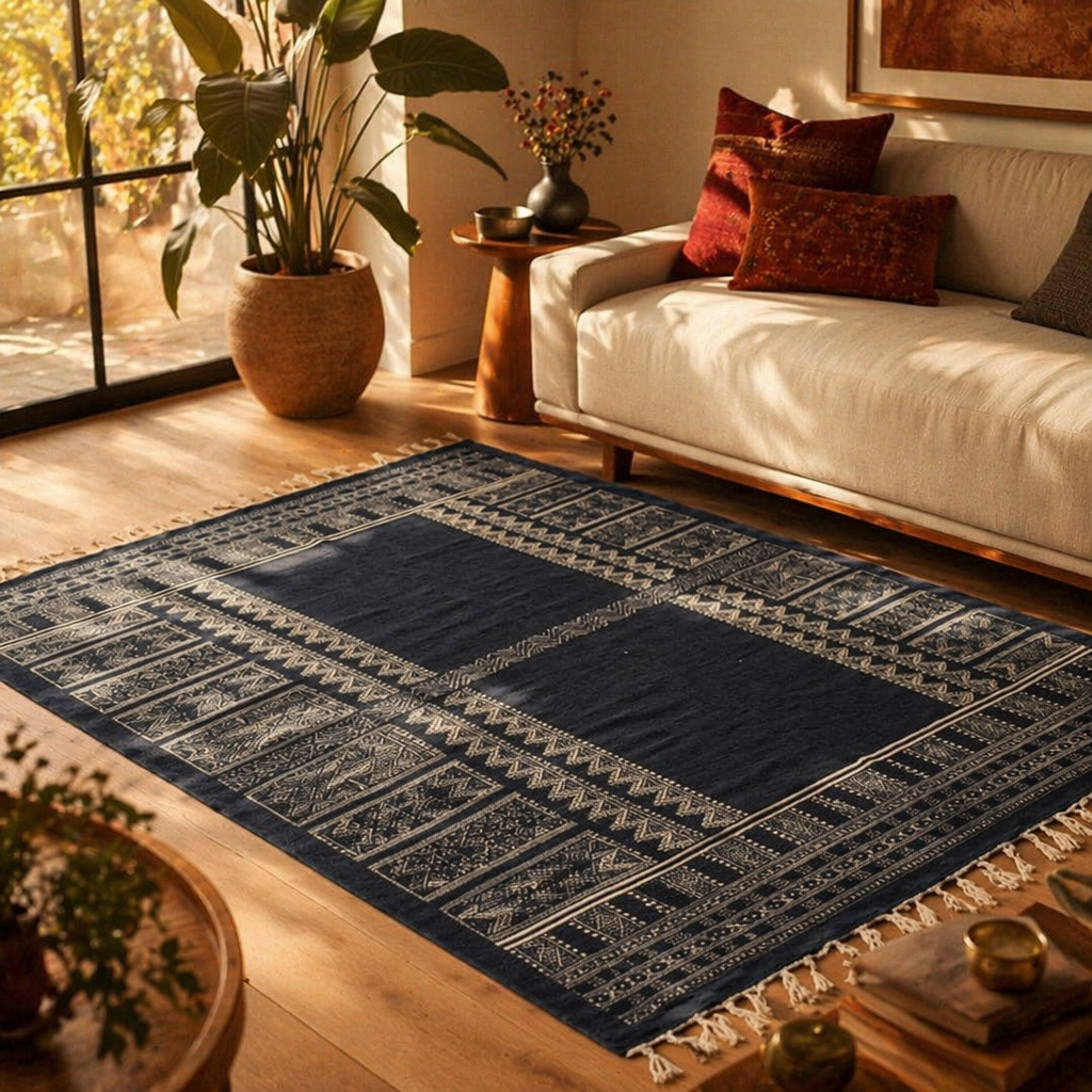 Jaipuri Dark Blue Hand-Printed Cotton Floor Rug, The Woven Floor. Handmade in India by House of Taraasha.
