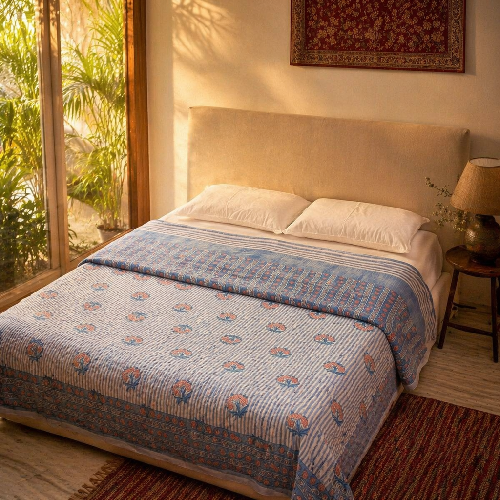 Dusty Pink & Blue Reversible Mulmul Quilt, The Linen Room. Handmade in India by House of Taraasha.