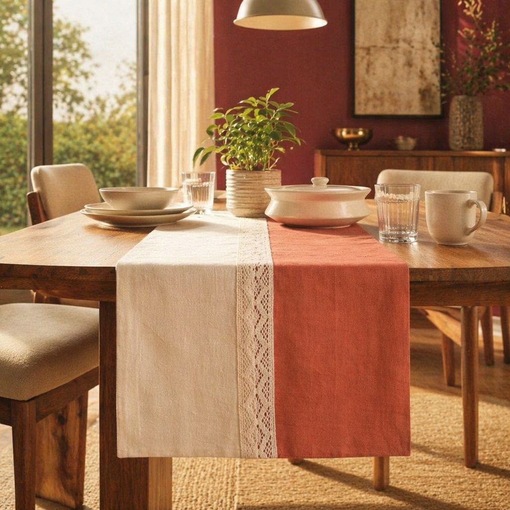 Crochet-Edged Runner Rust and Off-White, The Gathered Table. Handmade in India by House of Taraasha.
