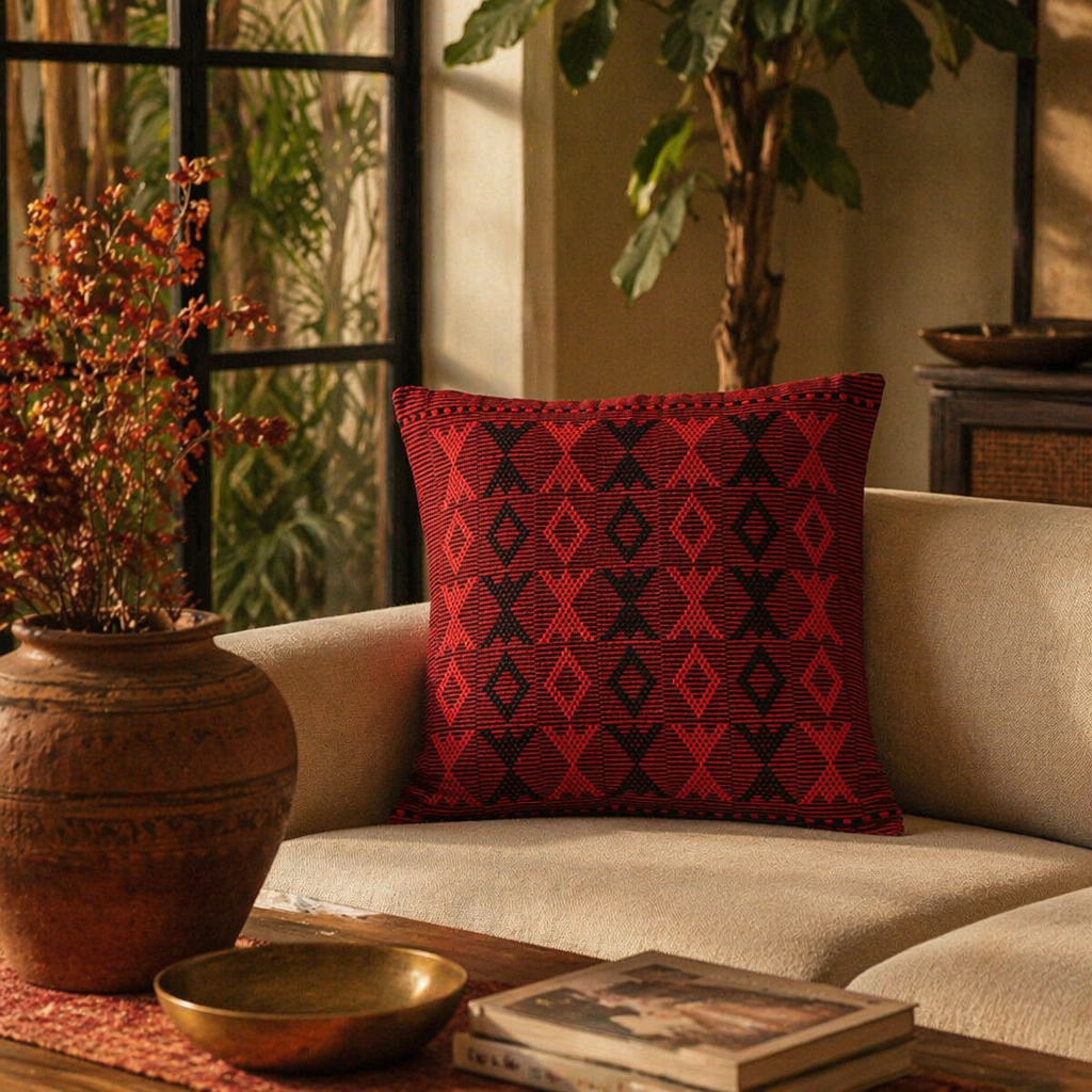 Naga Arrowhead Backstrap-Woven Red and Black Cushion Cover, The Living Room. Handmade in India by House of Taraasha.