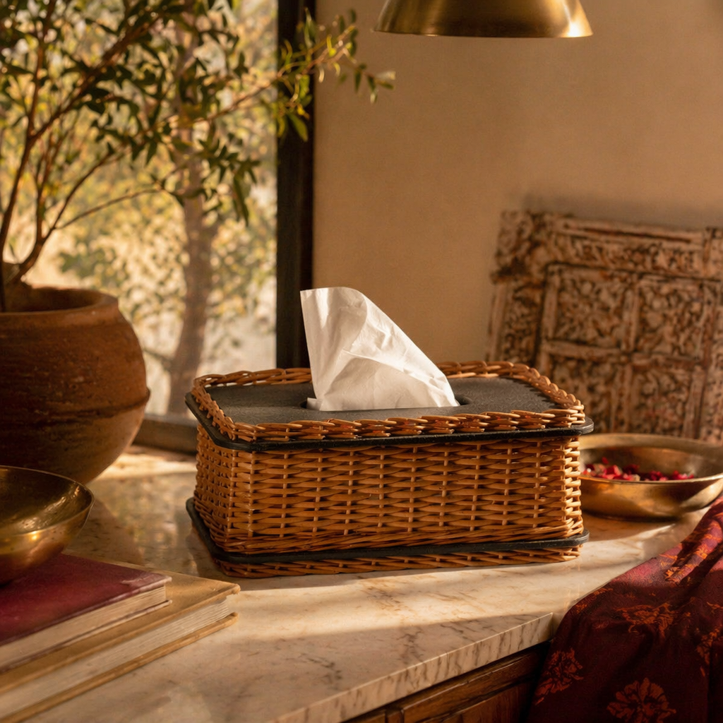 Kashmir Willow Wicker Tissue Box, The Wicker House. Handmade in India by House of Taraasha.