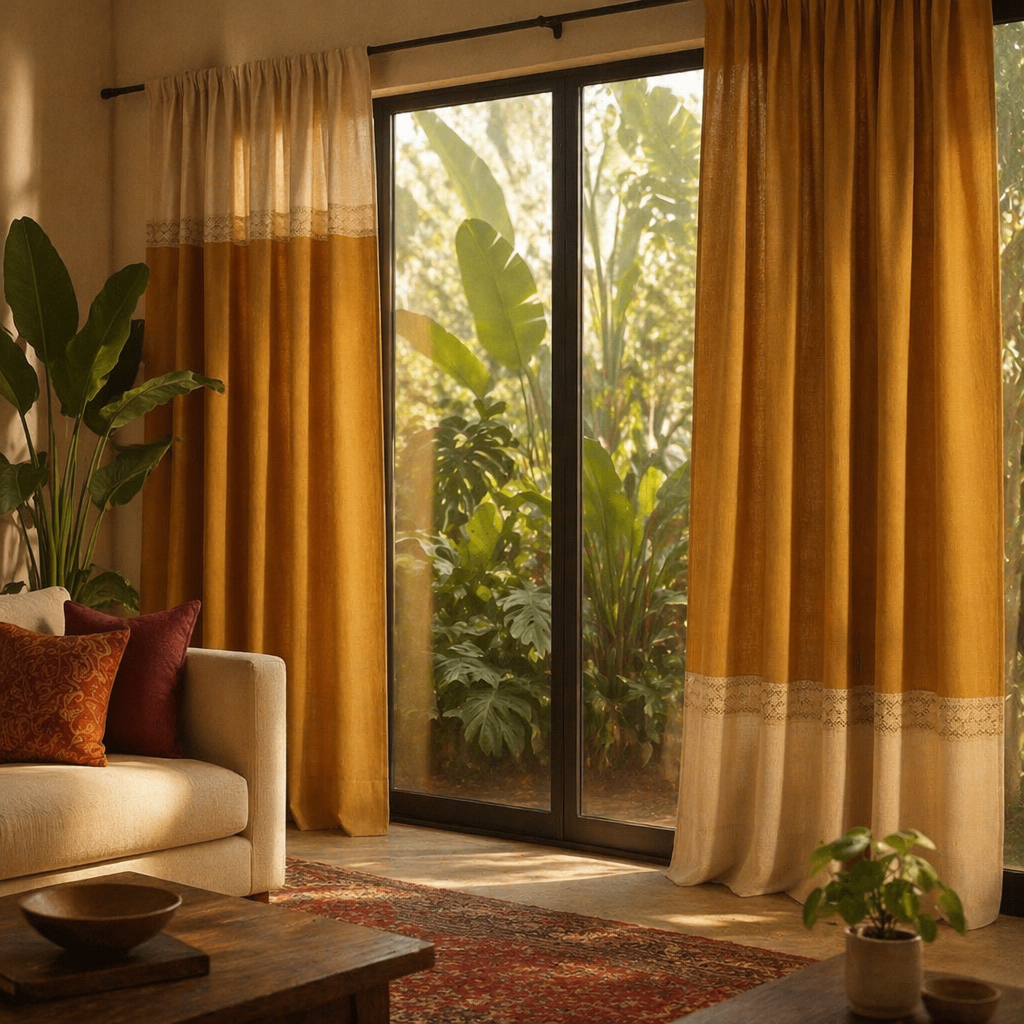 Reversible Mustard and Off-White Door Curtain, The Draped Window. Handmade in India by House of Taraasha.