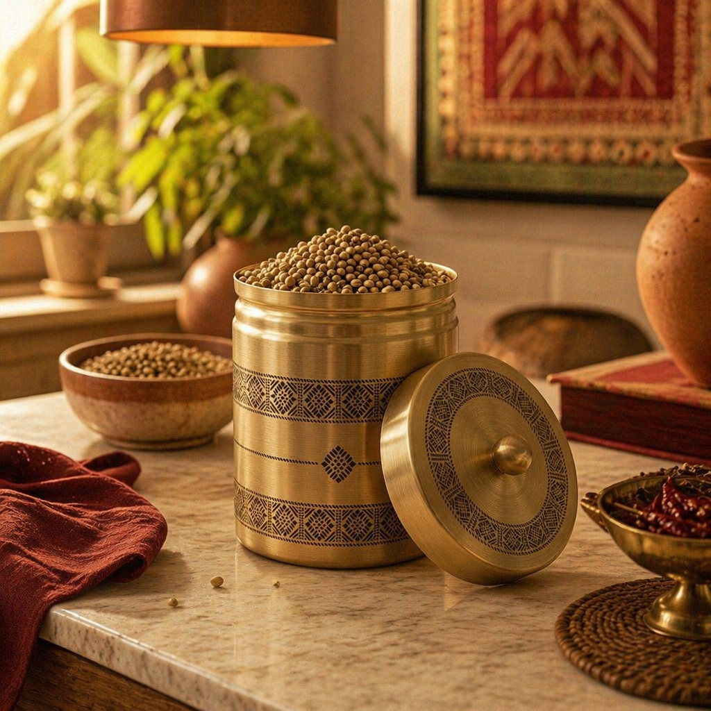Kanjeevaram Etched Pure Brass Kitchen Storage Jar, The Brass Atelier. Handmade in India by House of Taraasha.