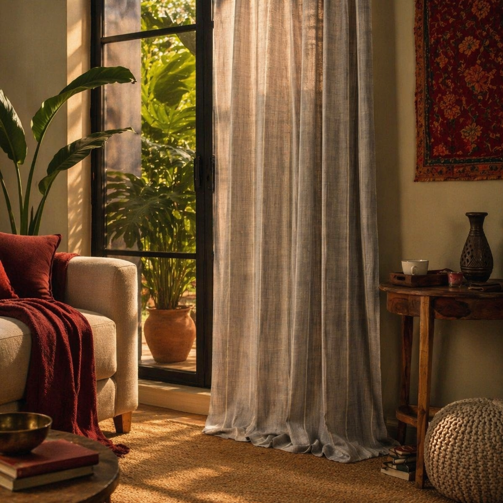 Charcoal Stripe Handwoven Semi-Blackout Cotton Curtain, The Draped Window. Handmade in India by House of Taraasha.