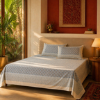 Blue & Grey Bagru Geometric Bedsheet, The Linen Room. Handmade in India by House of Taraasha.