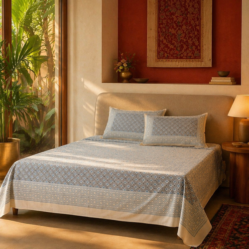 Blue & Grey Bagru Geometric Bedsheet, The Linen Room. Handmade in India by House of Taraasha.