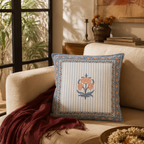 Blue and Dusty Pink Royal Courtyards Floral Cushion Cover, The Living Room. Handmade in India by House of Taraasha.