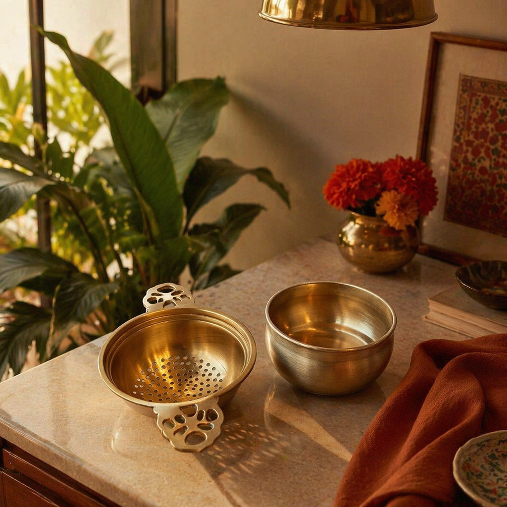 Moradabad Brass Tea Strainer with Rest, The Brass Atelier. Handmade in India by House of Taraasha.