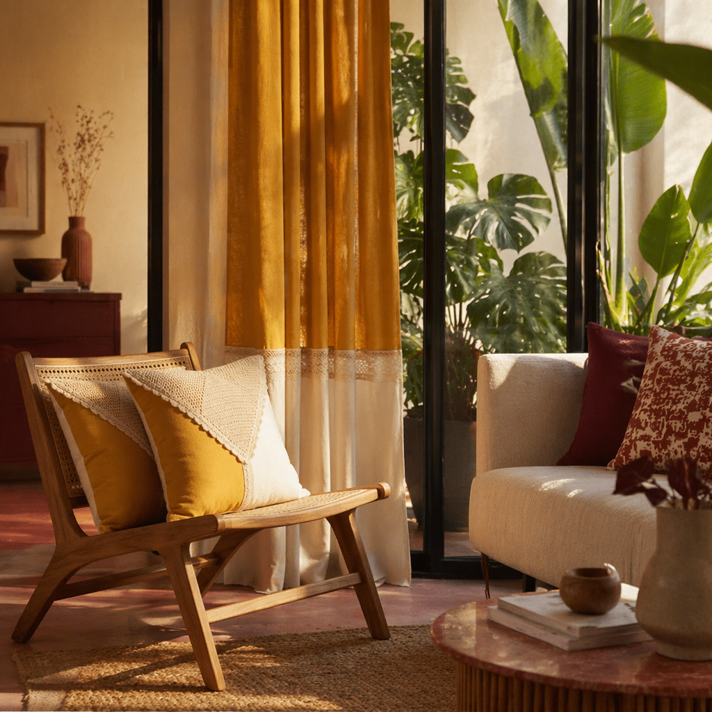 Mustard & Off-White Reversible Cotton Curtain & Cushion Set, The Draped Window. Handmade in India by House of Taraasha.