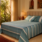 Marigold Teal and Off-White Block-Printed Bedsheet, The Linen Room. Handmade in India by House of Taraasha.